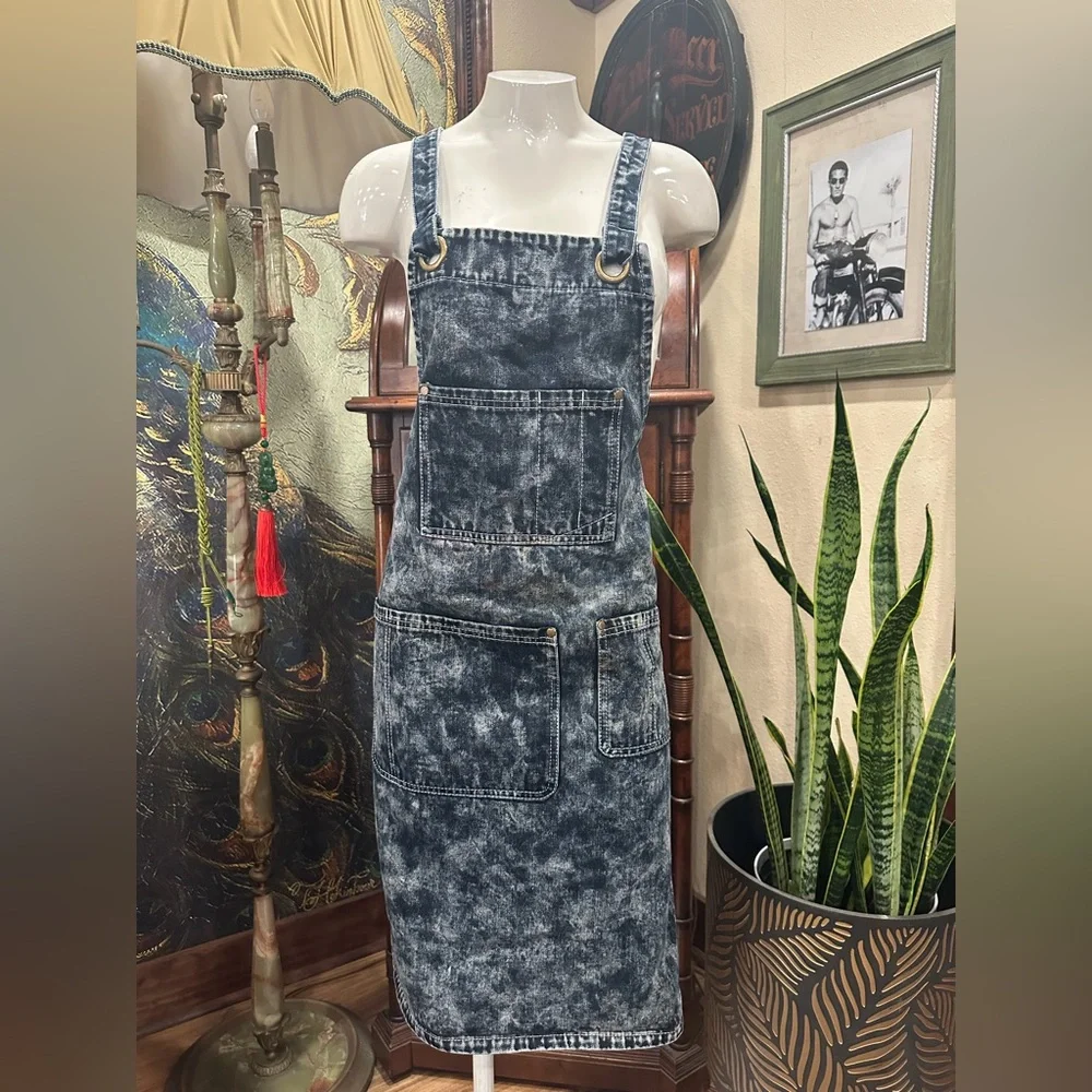 Jeanerlor Blue Acid Wash Denim Overalls Apron